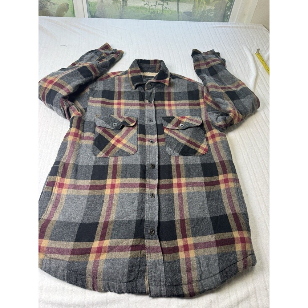 Grizzly Mountain Plaid Sherpa Lined Shirt Jacket Size S Gray Burgundy Snap Front